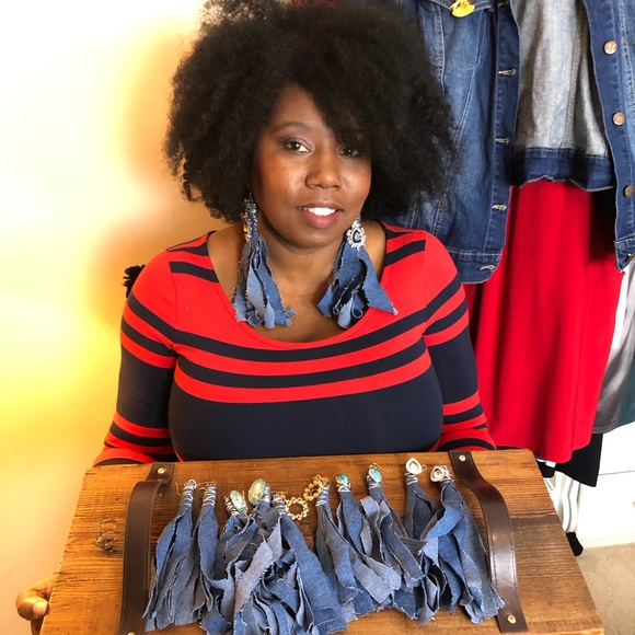 Denim Blue Jean Earrings with Bling Embellishments - Picture 7 of 8